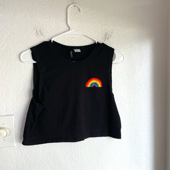 Divided Black Rainbow Crop Top Tank Top Shirt Pride Fun Summer - Picture 1 of 3